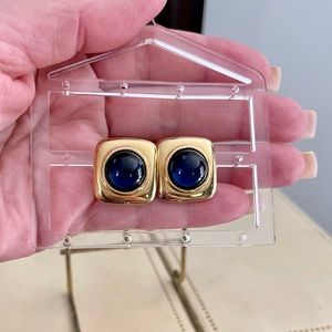 MONET | Y2K Signed Vintage Gold Tone Cobalt Blue Cabochon Pierced Earrings